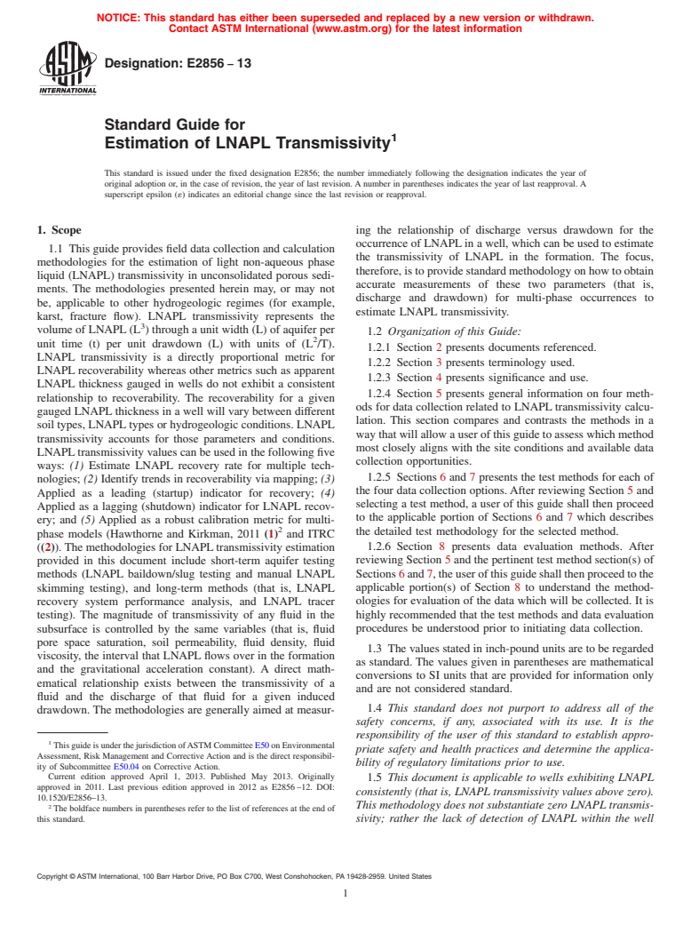 ASTM E2856-13 - Standard Guide for  Estimation of LNAPL Transmissivity