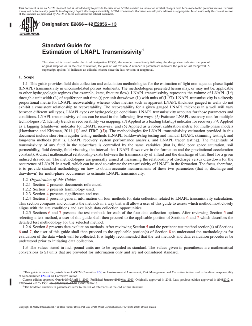 REDLINE ASTM E2856-13 - Standard Guide for  Estimation of LNAPL Transmissivity