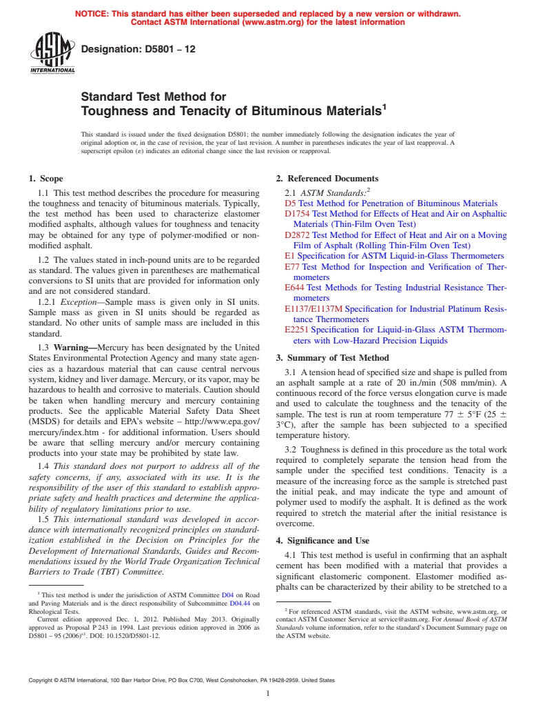 ASTM D5801-12 - Standard Test Method for  Toughness and Tenacity of Bituminous Materials