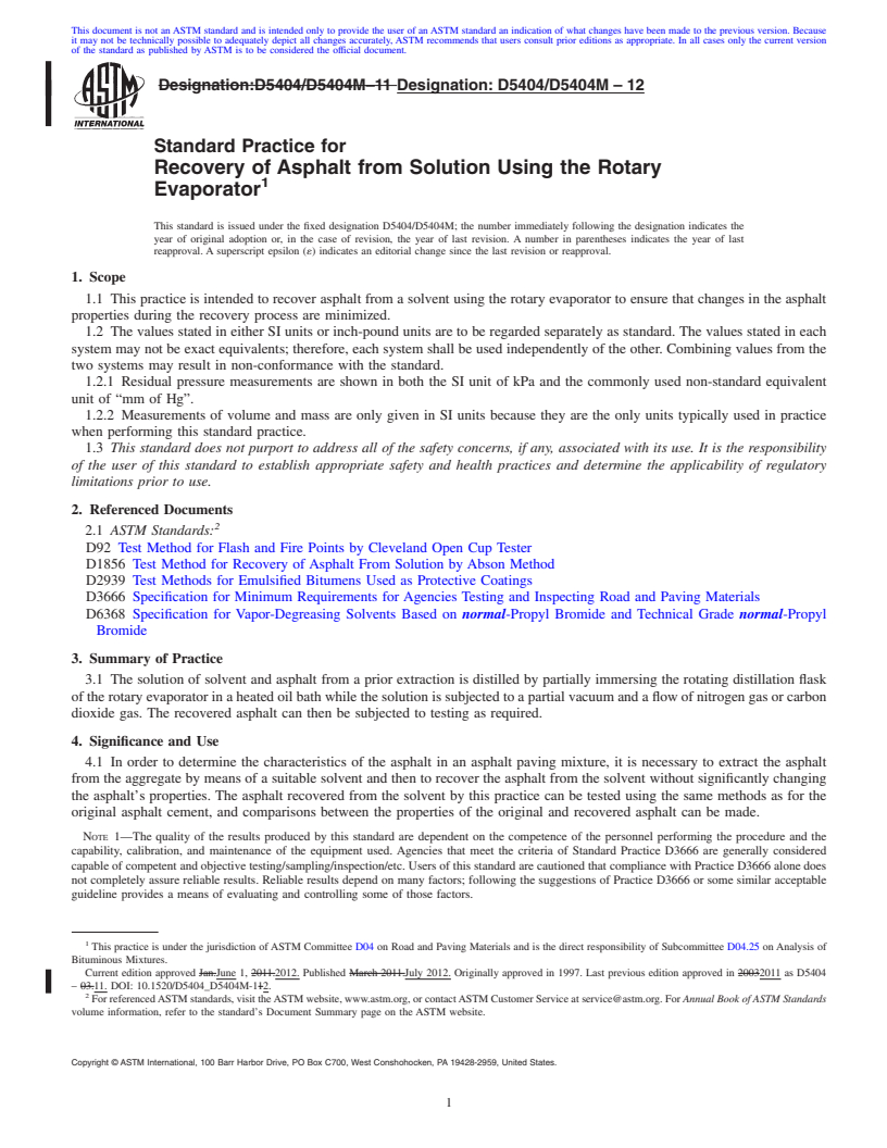 REDLINE ASTM D5404/D5404M-12 - Standard Practice for  Recovery of Asphalt from Solution Using the Rotary Evaporator