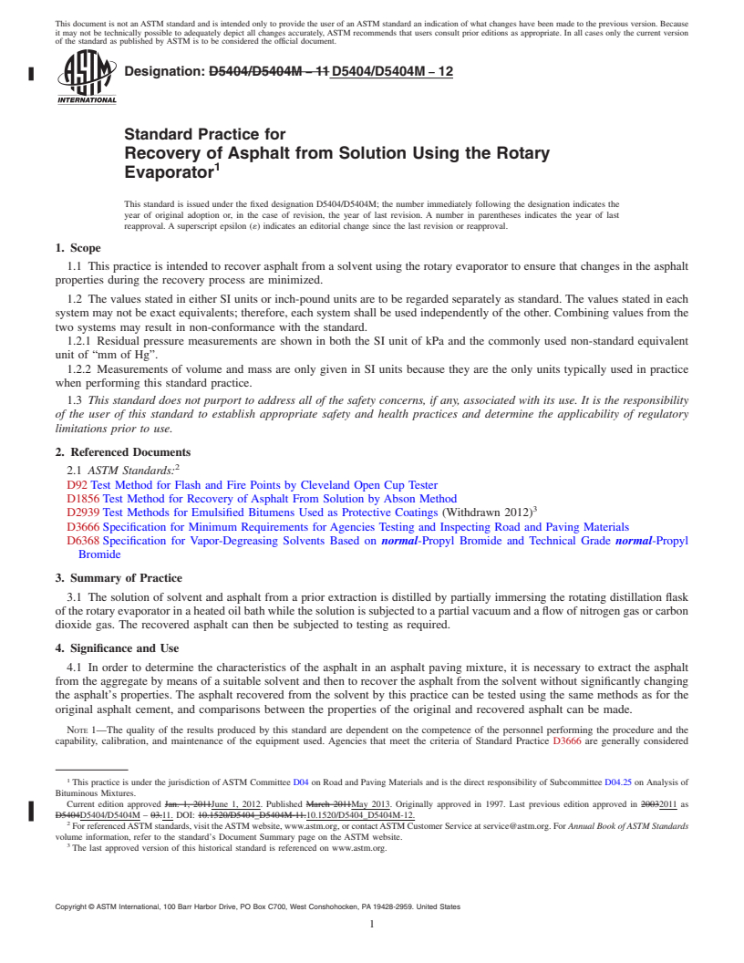 REDLINE ASTM D5404/D5404M-12 - Standard Practice for  Recovery of Asphalt from Solution Using the Rotary Evaporator