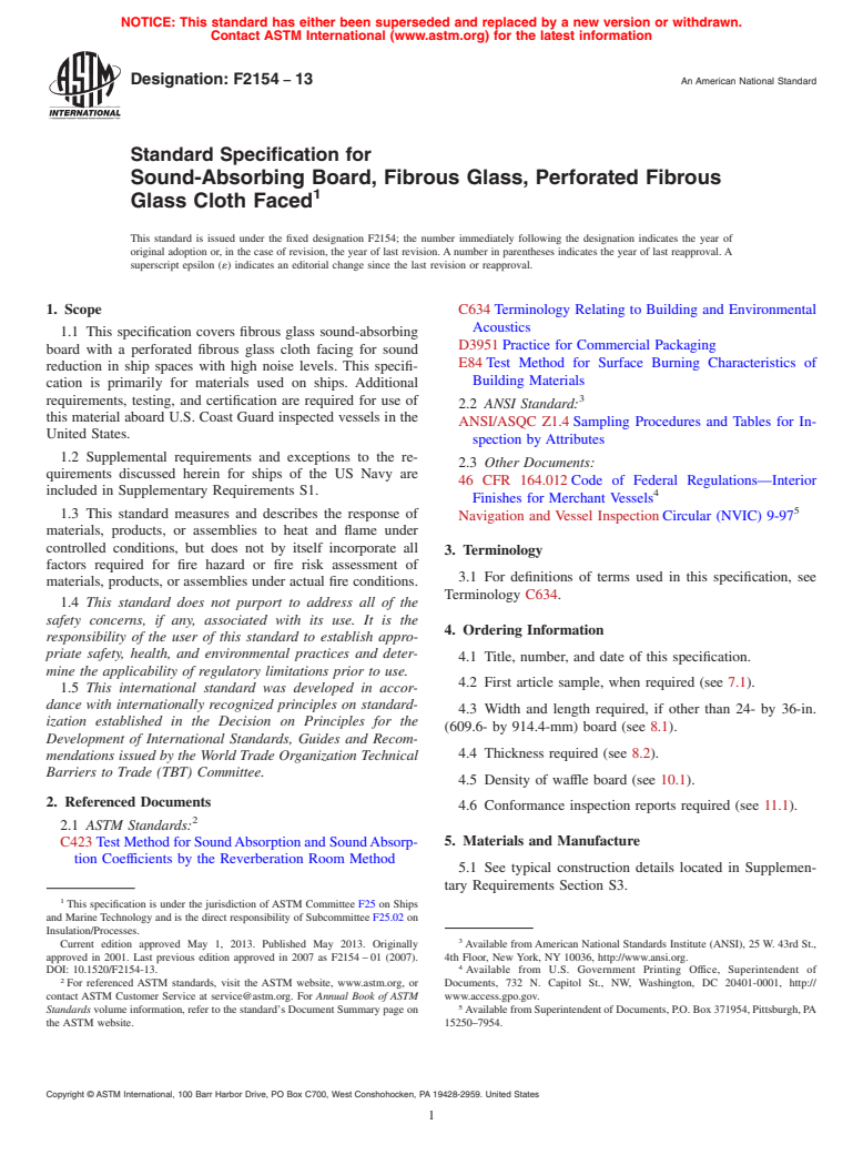 ASTM F2154-13 - Standard Specification for  Sound-Absorbing Board, Fibrous Glass, Perforated Fibrous Glass  Cloth Faced