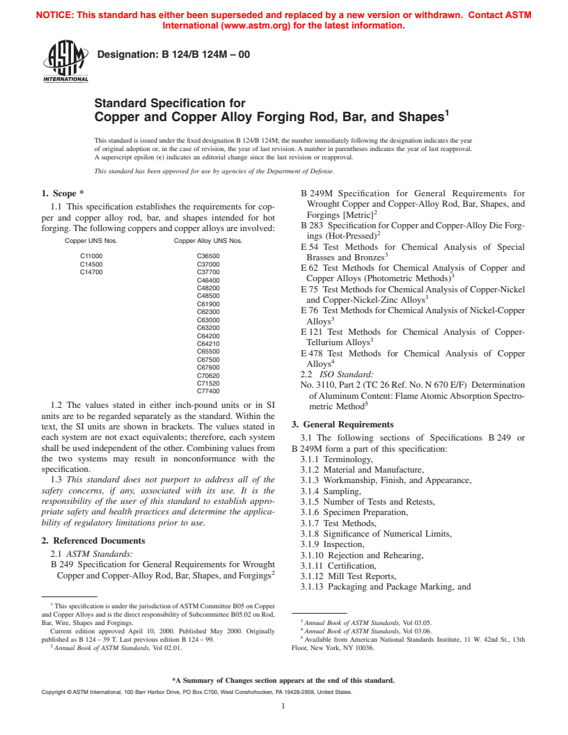 ASTM B124/B124M-00 - Standard Specification for Copper and Copper Alloy Forging Rod, Bar, and Shapes