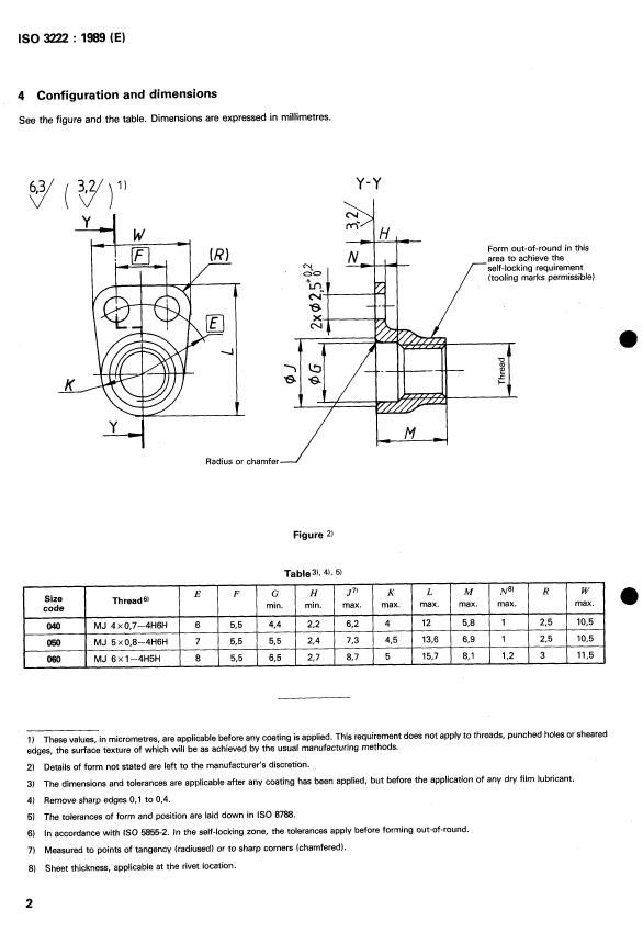 ISO 3222:1989 ISO 3222:1989 - Aerospace -- Nuts, anchor, self-locking, fixed, closed corner, reduced series, with counterbore, with MJ threads, coated or uncoated, classification 1 100 MPa/235 degrees C, 1 100 MPa/315 degrees C or 1 100 MPa/425 degrees C -- Dimensions - Page 4 preview