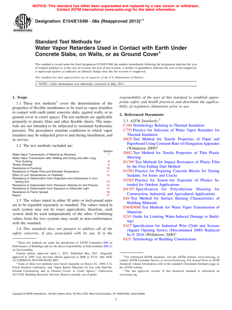 ASTM E154/E154M-08a(2013)e1 - Standard Test Methods for Water Vapor Retarders Used in Contact with Earth Under Concrete Slabs, on Walls, or as Ground Cover