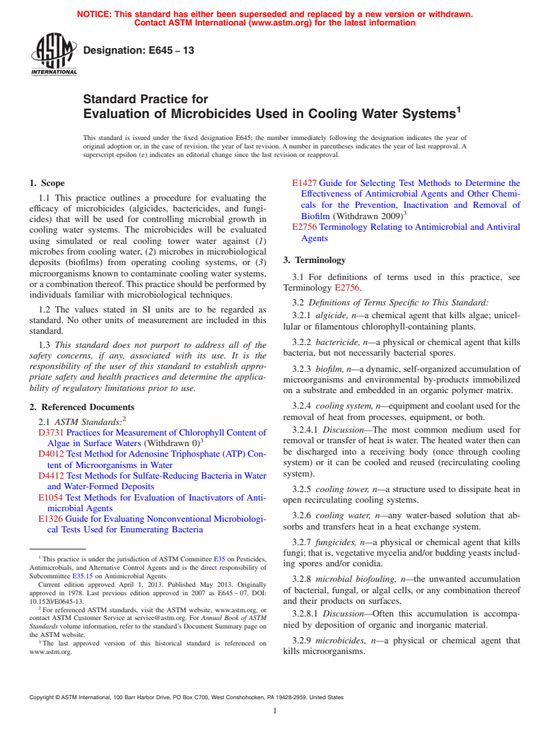 ASTM E645-13 - Standard Practice for  Evaluation of Microbicides Used in Cooling Water Systems