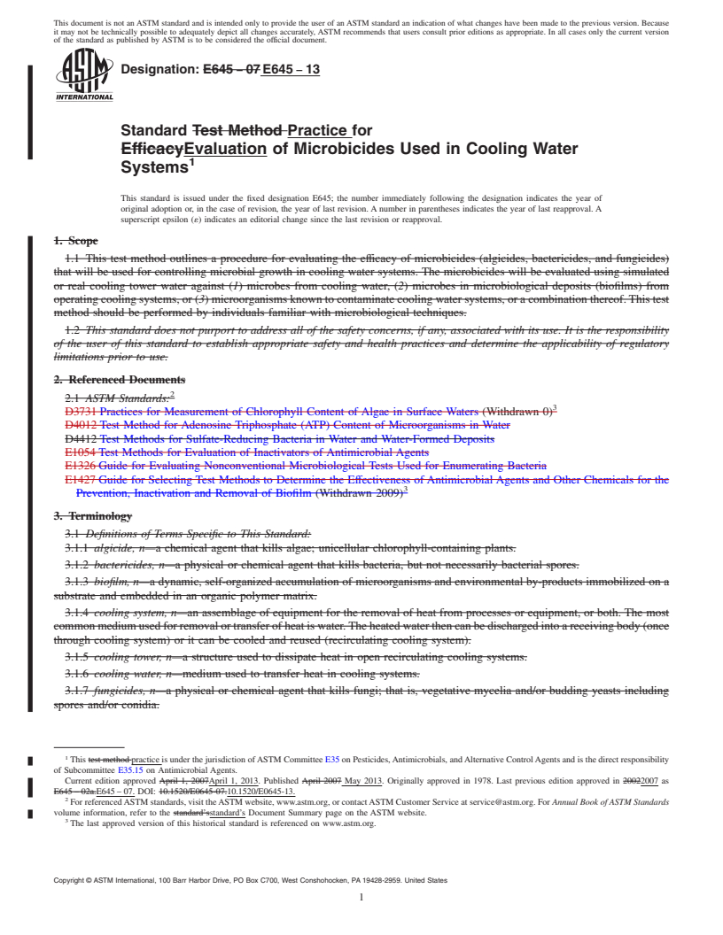 REDLINE ASTM E645-13 - Standard Practice for  Evaluation of Microbicides Used in Cooling Water Systems