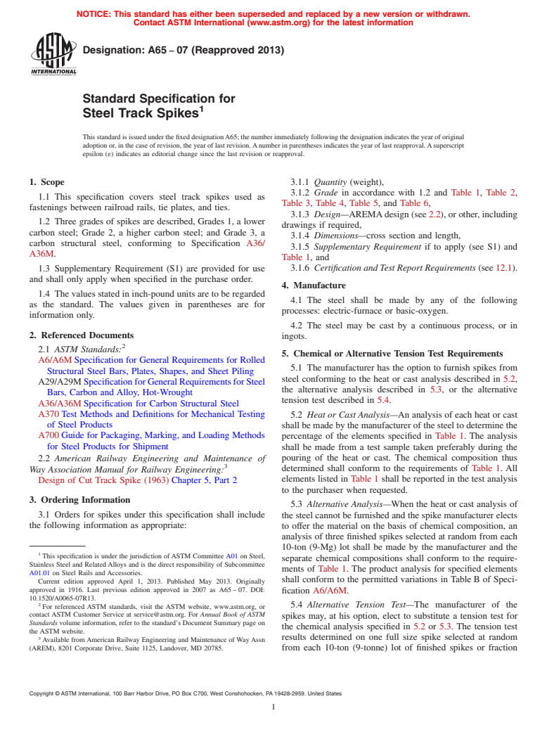 ASTM A65-07(2013) - Standard Specification for  Steel Track Spikes (Withdrawn 2022)