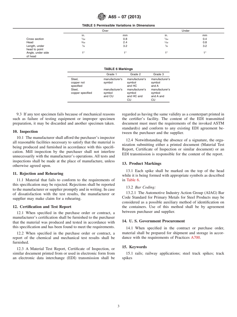 ASTM A65-07(2013) - Standard Specification for  Steel Track Spikes (Withdrawn 2022)