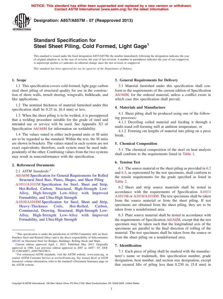 ASTM A857/A857M-07(2013) - Standard Specification for  Steel Sheet Piling, Cold Formed, Light Gage