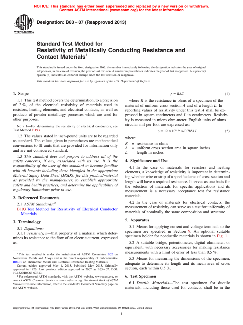 ASTM B63-07(2013) - Standard Test Method for Resistivity of Metallically Conducting Resistance and<brk/> Contact    Materials