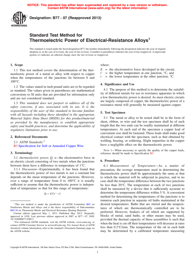 ASTM B77-07(2013) - Standard Test Method for Thermoelectric Power of Electrical-Resistance Alloys