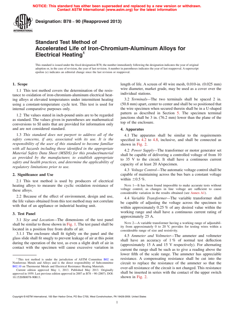 ASTM B78-90(2013) - Standard Test Method of Accelerated Life of Iron-Chromium-Aluminum Alloys for Electrical  Heating