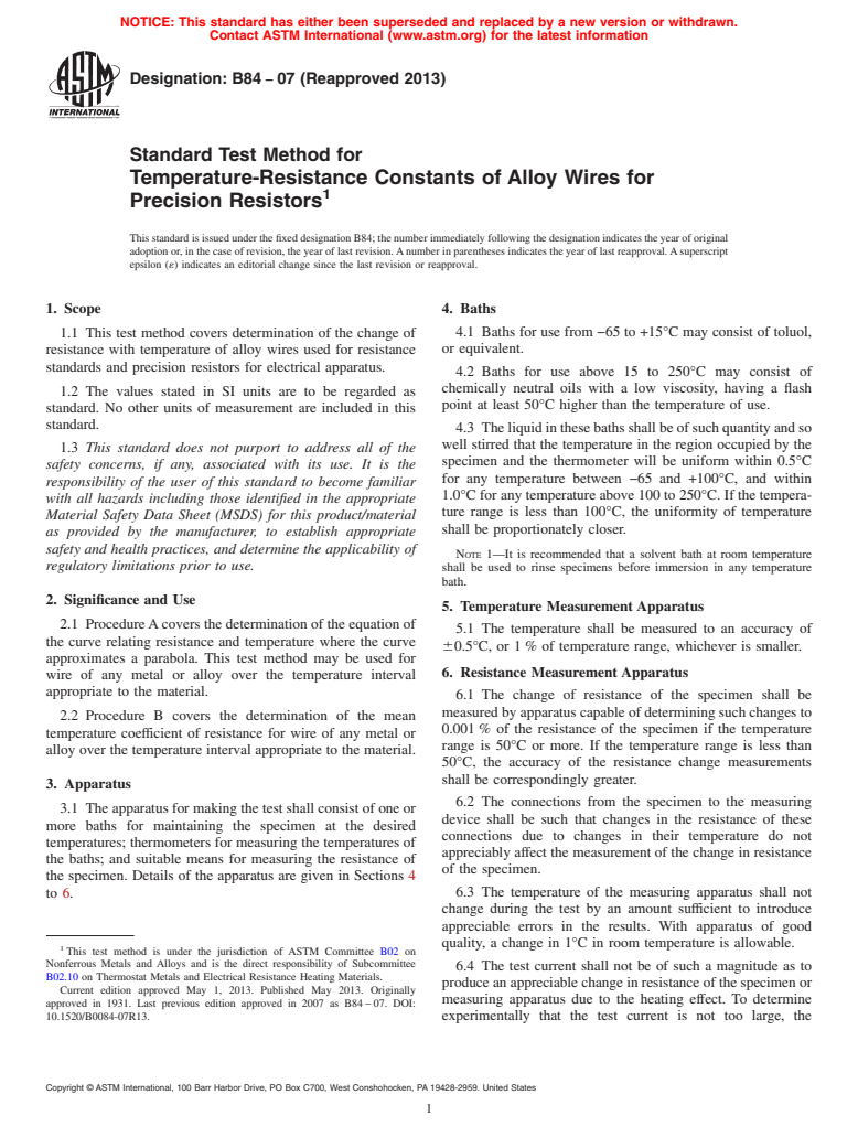 ASTM B84-07(2013) - Standard Test Method for Temperature-Resistance Constants of Alloy Wires for Precision  Resistors