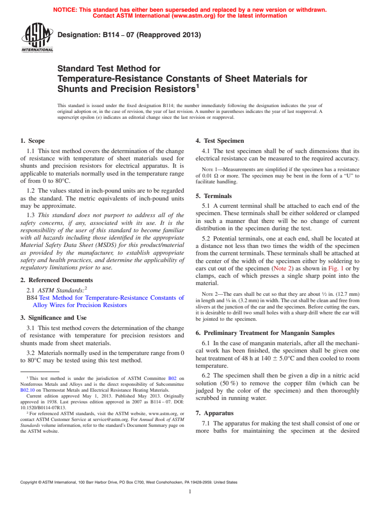 ASTM B114-07(2013) - Standard Test Method for Temperature-Resistance Constants of Sheet Materials for Shunts  and  Precision Resistors