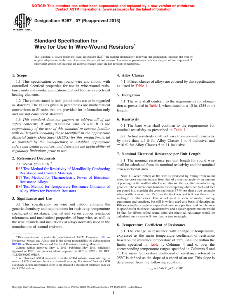 ASTM B267-07(2013) - Standard Specification for Wire for Use In Wire-Wound Resistors