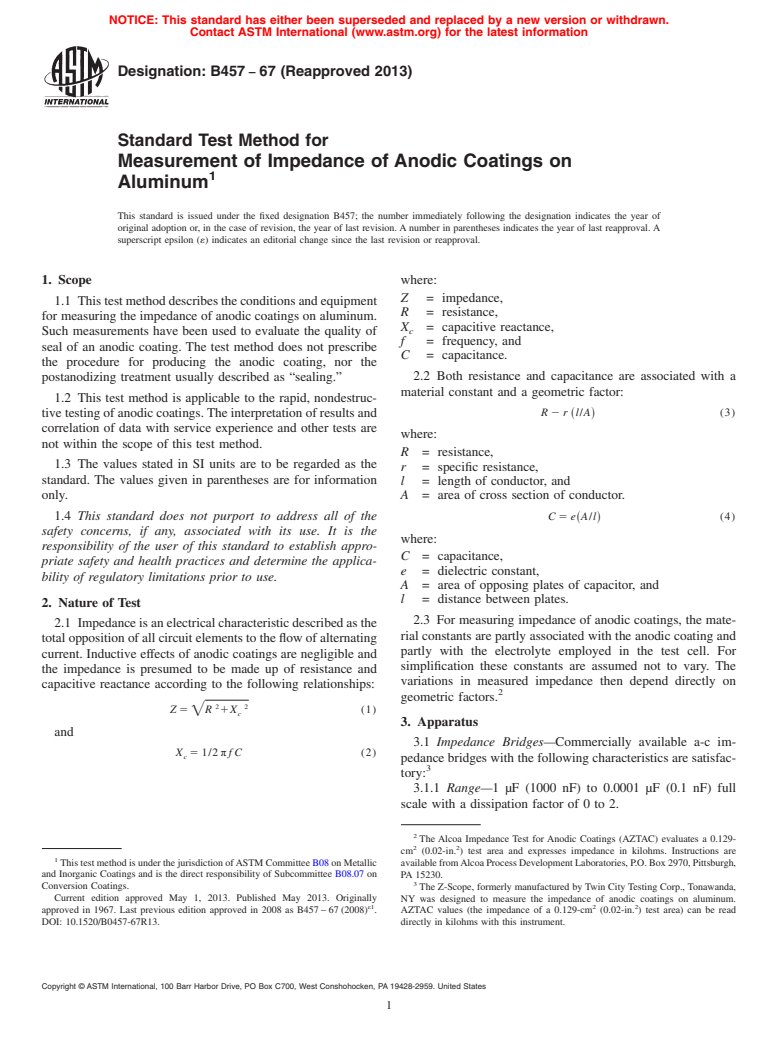 ASTM B457-67(2013) - Standard Test Method for Measurement of Impedance of Anodic Coatings on Aluminum