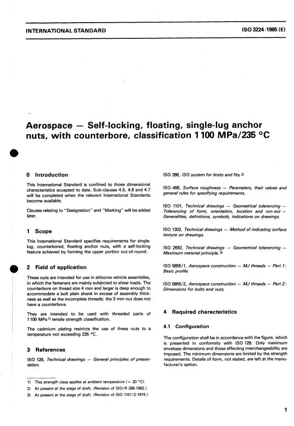 ISO 3224:1985 - Aerospace -- Self-locking, floating, single-lug anchor nuts, with counterbore, classification 1 100 MPa/235 degrees C