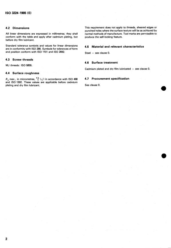 ISO 3224:1985 ISO 3224:1985 - Aerospace -- Self-locking, floating, single-lug anchor nuts, with counterbore, classification 1 100 MPa/235 degrees C - Page 4 preview