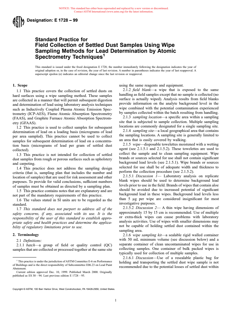 ASTM E1728-99 - Standard Practice for Field Collection of Settled Dust Samples Using Wipe Sampling Methods for Lead Determination by Atomic Spectrometry Techniques
