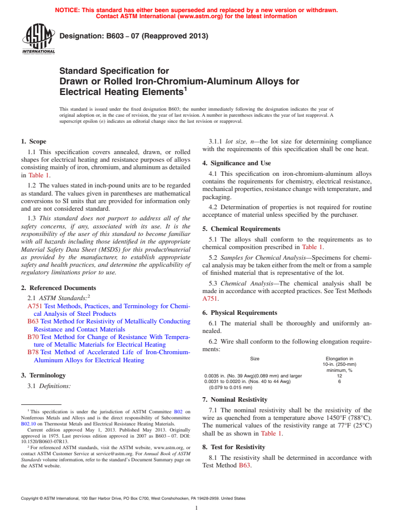 ASTM B603-07(2013) - Standard Specification for Drawn or Rolled Iron-Chromium-Aluminum Alloys for Electrical  Heating   Elements