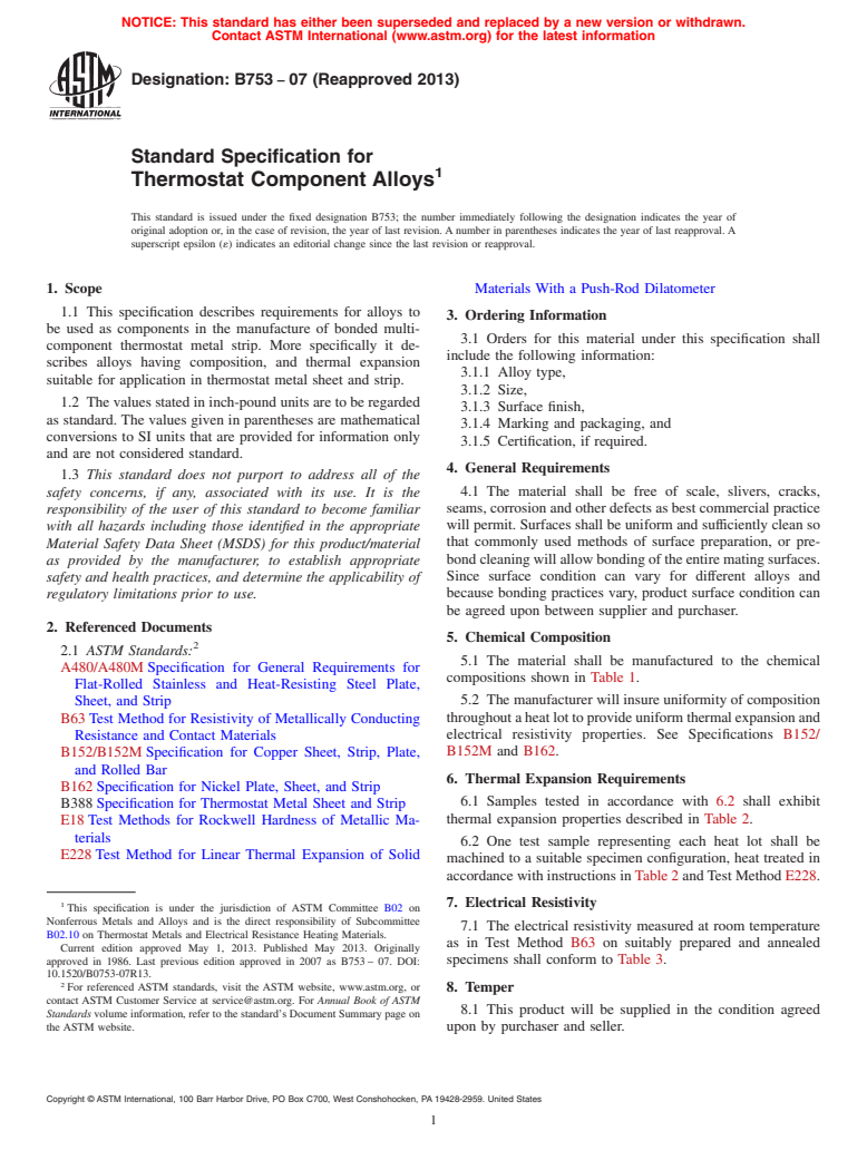 ASTM B753-07(2013) - Standard Specification for Thermostat Component Alloys