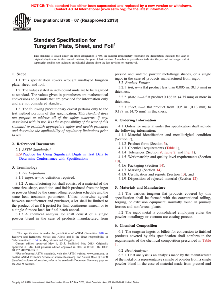 ASTM B760-07(2013) - Standard Specification for Tungsten Plate, Sheet, and Foil