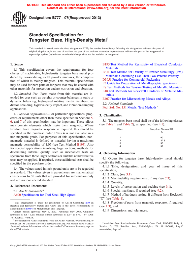 ASTM B777-07(2013) - Standard Specification for Tungsten Base, High-Density Metal