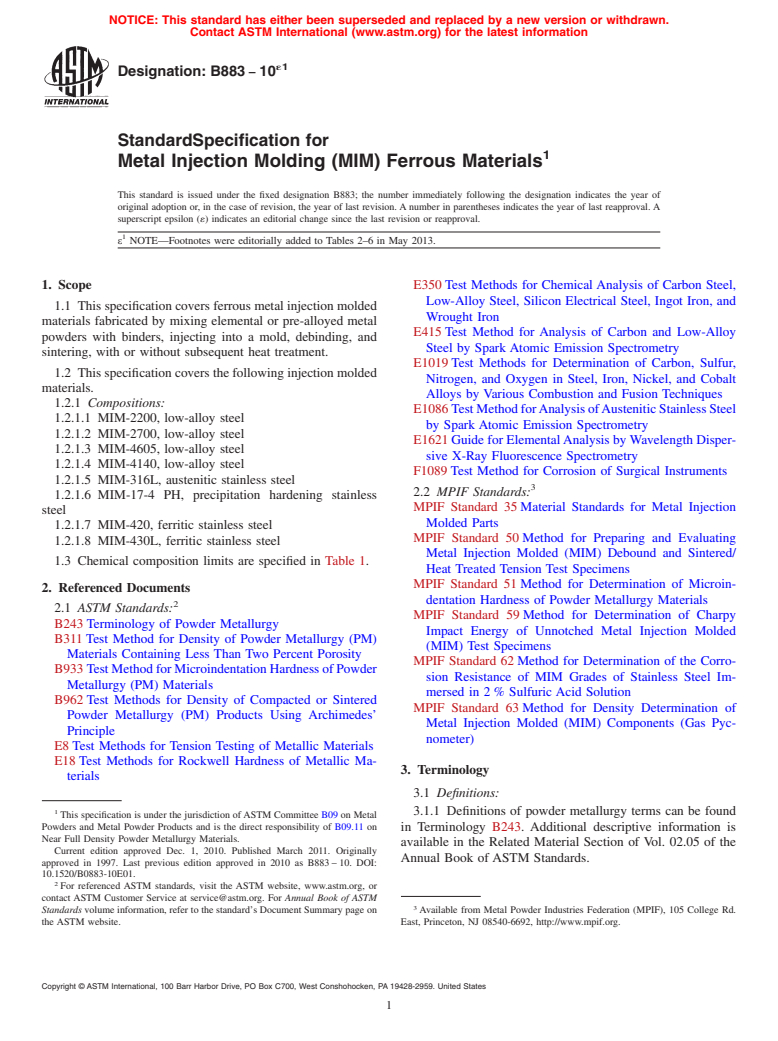 ASTM B883-10e1 - Standard Specification for  Metal Injection Molding (MIM) Ferrous Materials