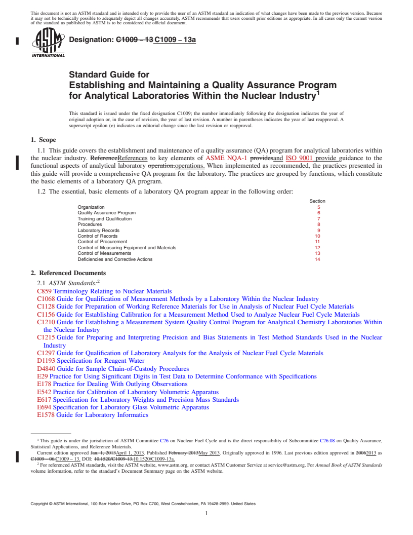 REDLINE ASTM C1009-13a - Standard Guide for  Establishing and Maintaining a Quality Assurance Program for  Analytical Laboratories Within the Nuclear Industry