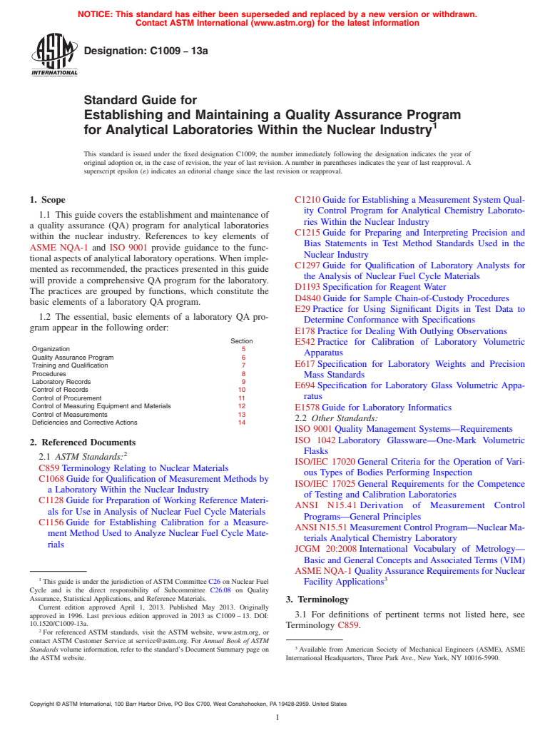 ASTM C1009-13a - Standard Guide for  Establishing and Maintaining a Quality Assurance Program for  Analytical Laboratories Within the Nuclear Industry