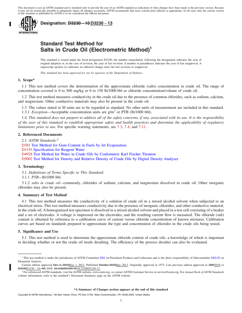 REDLINE ASTM D3230-13 - Standard Test Method for  Salts in Crude Oil (Electrometric Method)