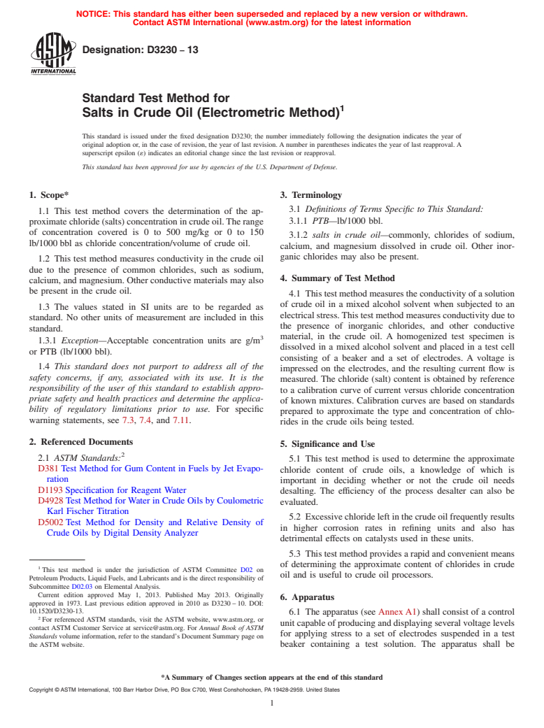 ASTM D3230-13 - Standard Test Method for  Salts in Crude Oil (Electrometric Method)