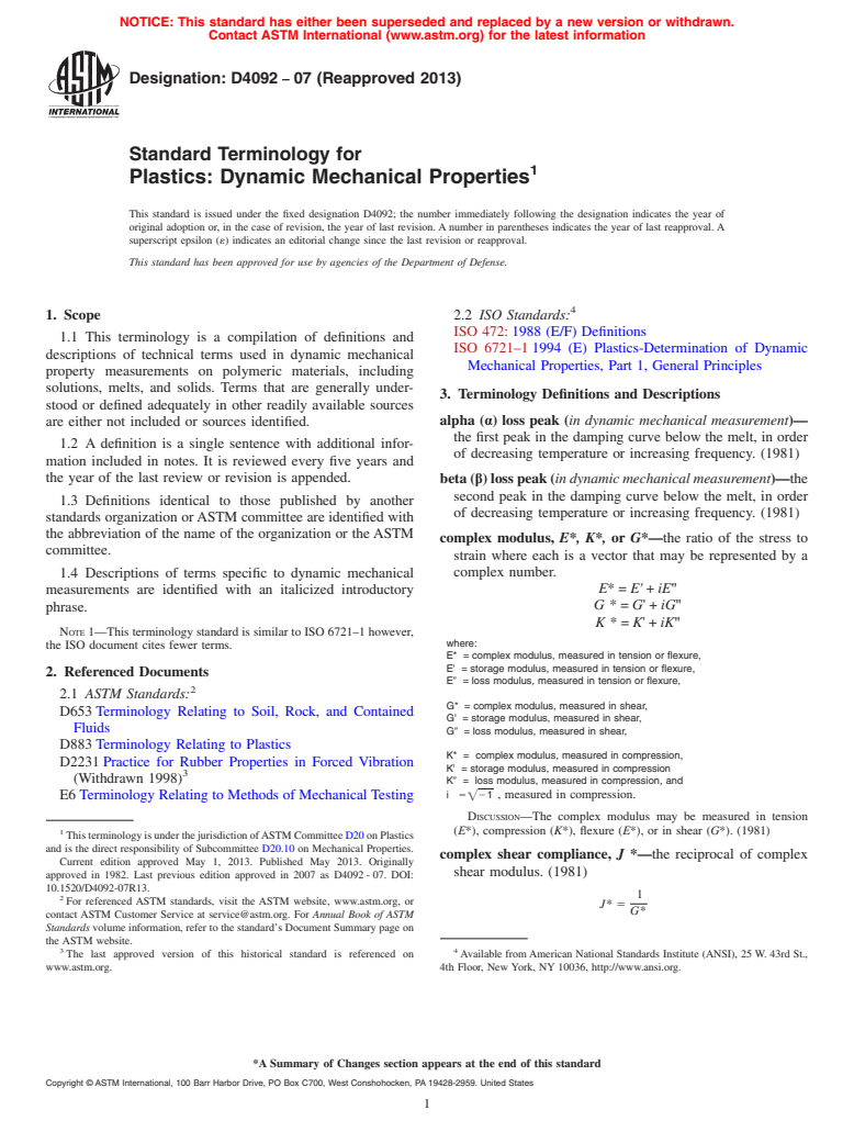 ASTM D4092-07(2013) - Standard Terminology for  Plastics: Dynamic Mechanical Properties