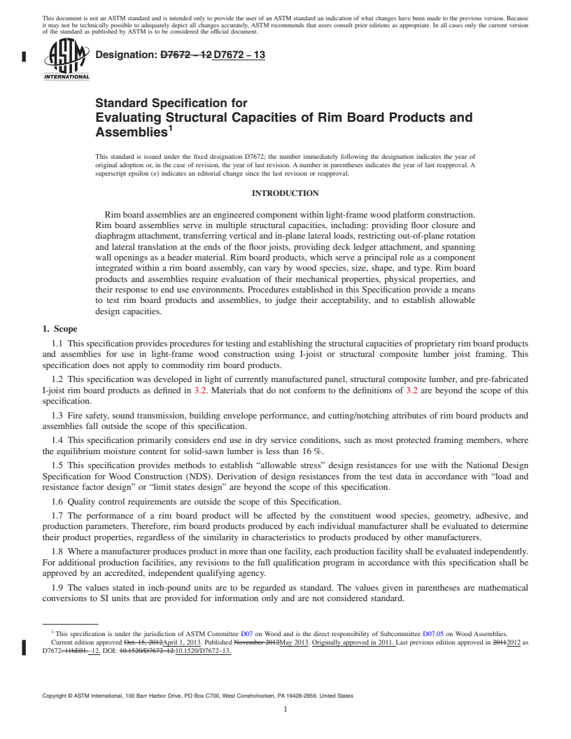 REDLINE ASTM D7672-13 - Standard Specification for  Evaluating Structural Capacities of Rim Board Products and   Assemblies