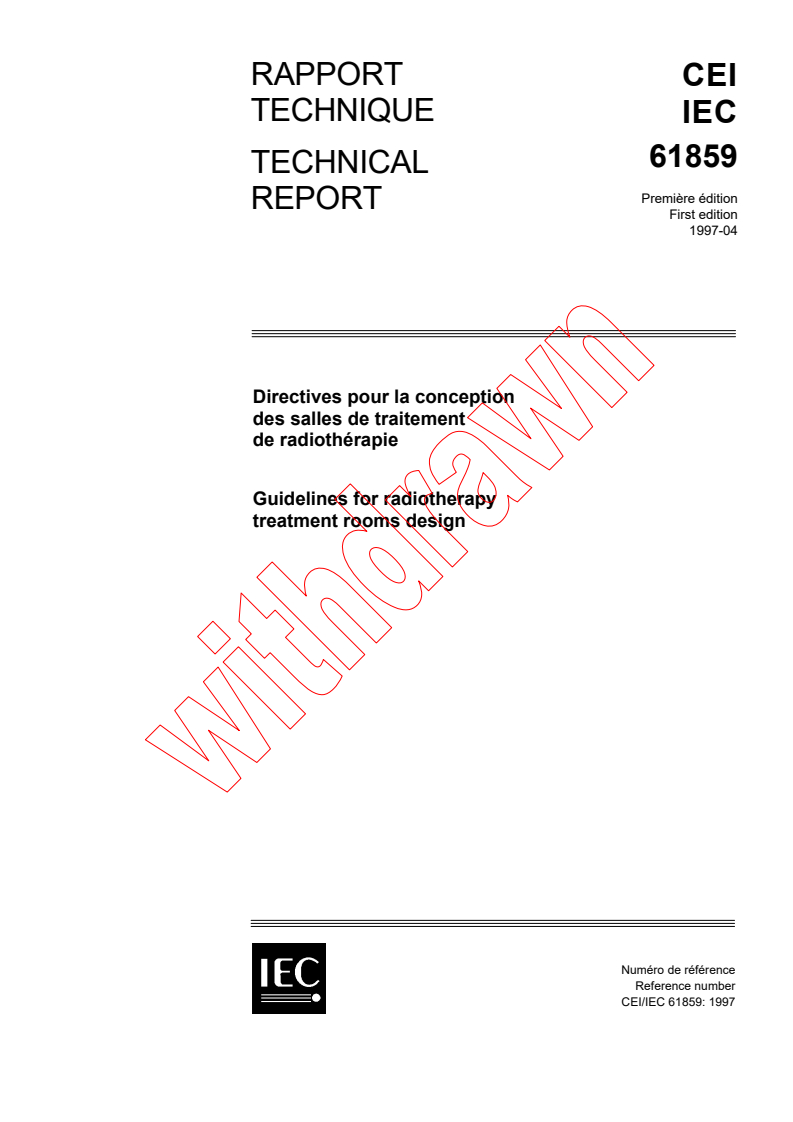 IEC TR 61859:1997 - Guidelines for radiotherapy treatment rooms design
Released:5/9/1997
Isbn:2831838142