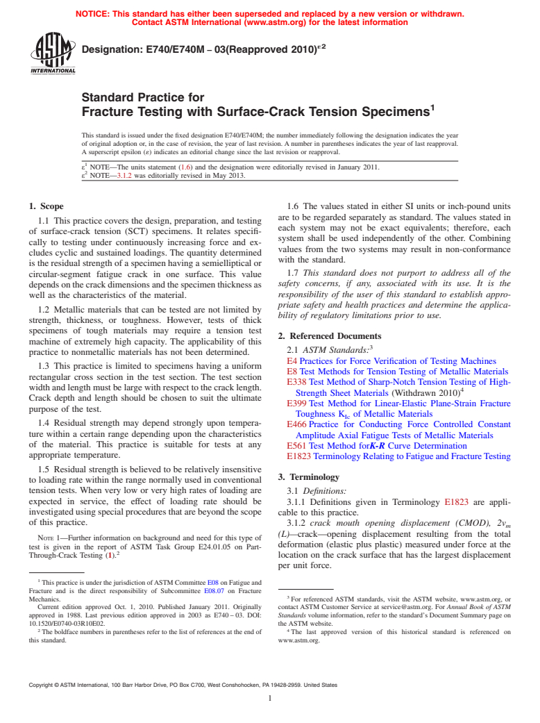 ASTM E740/E740M-03(2010)e2 - Standard Practice for  Fracture Testing with Surface-Crack Tension Specimens