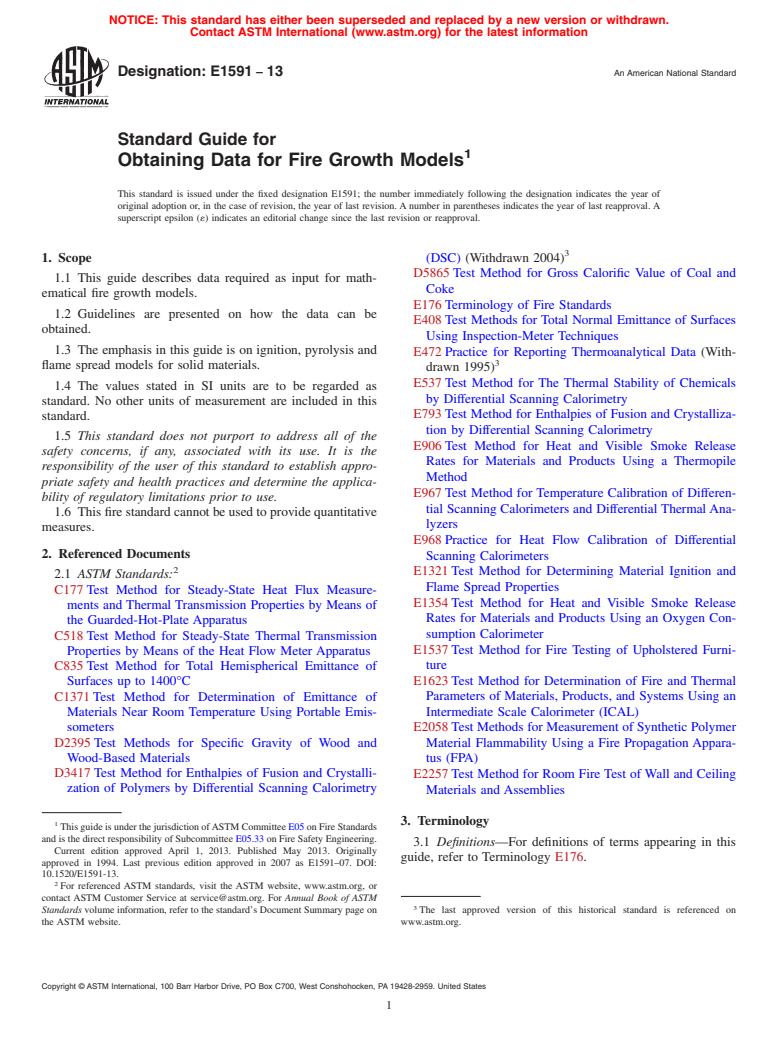 ASTM E1591-13 - Standard Guide for  Obtaining Data for Fire Growth Models