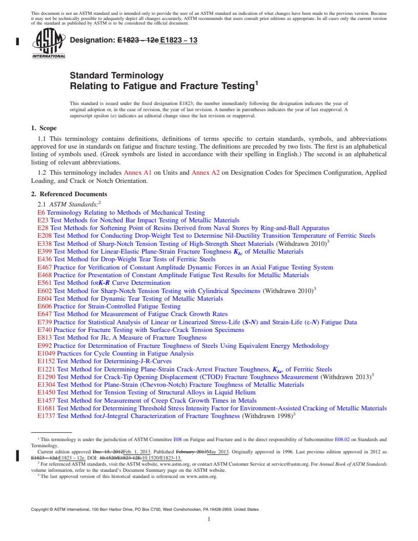 REDLINE ASTM E1823-13 - Standard Terminology  Relating to Fatigue and Fracture Testing