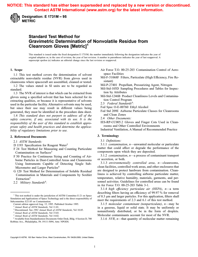 ASTM E1731M-95 - Standard Test Method for Gravimetric Determination of Nonvolatile Residue from Cleanroom Gloves [Metric] (Withdrawn 2000)