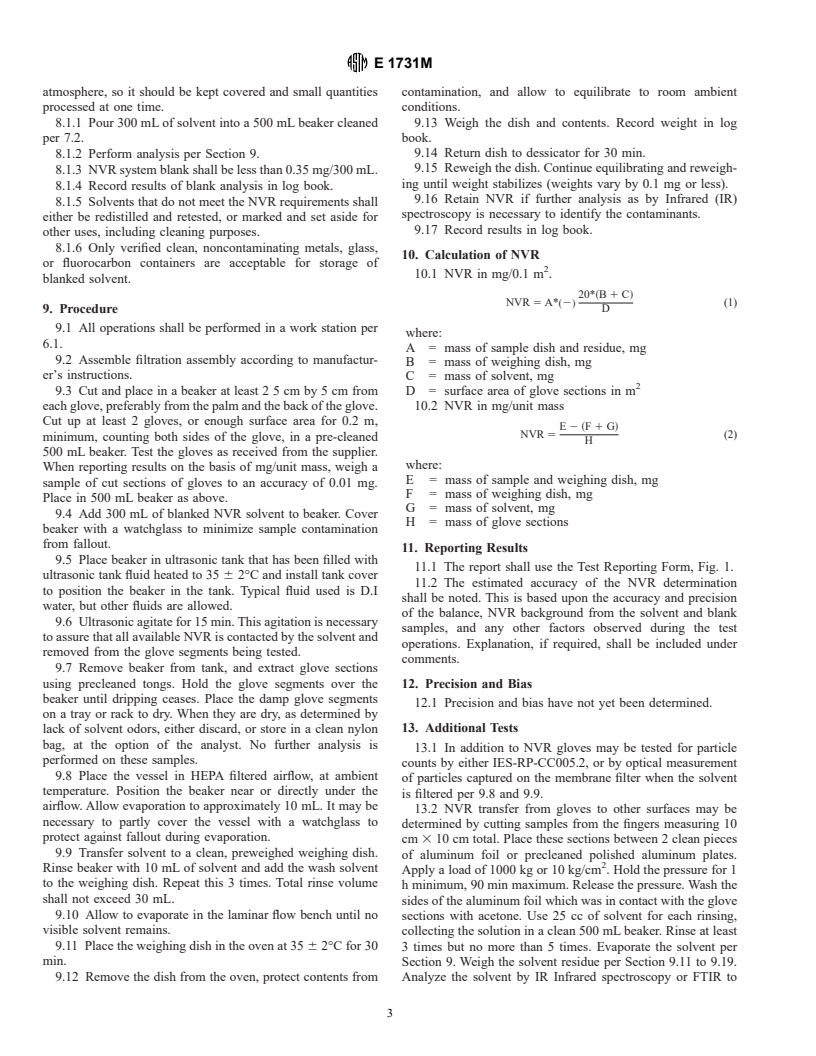 ASTM E1731M-95 - Standard Test Method for Gravimetric Determination of Nonvolatile Residue from Cleanroom Gloves [Metric] (Withdrawn 2000)