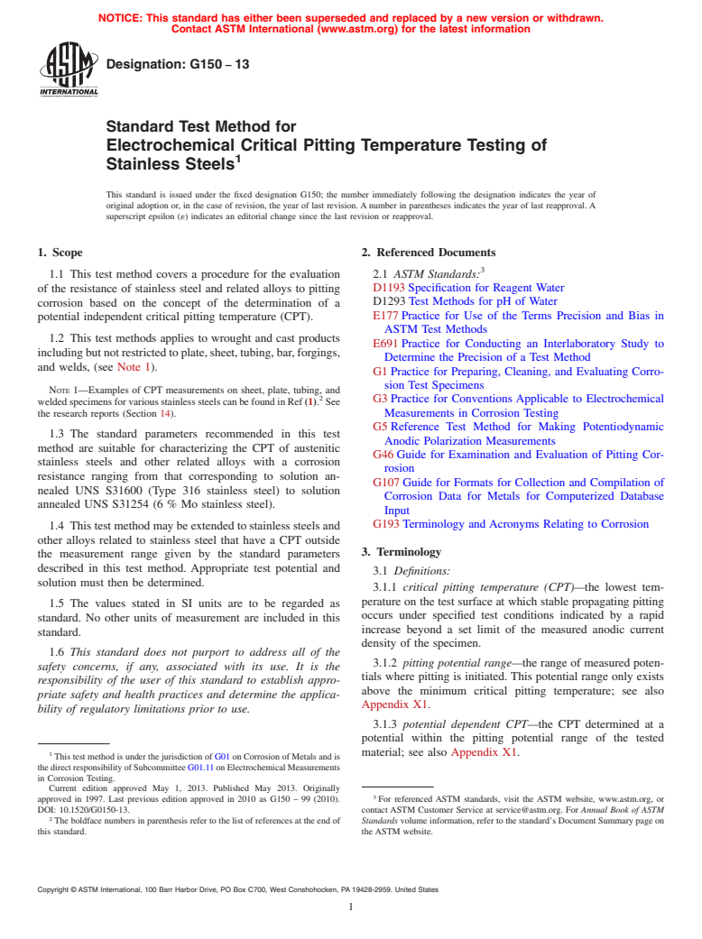 ASTM G150-13 - Standard Test Method for  Electrochemical Critical Pitting Temperature Testing of Stainless  Steels