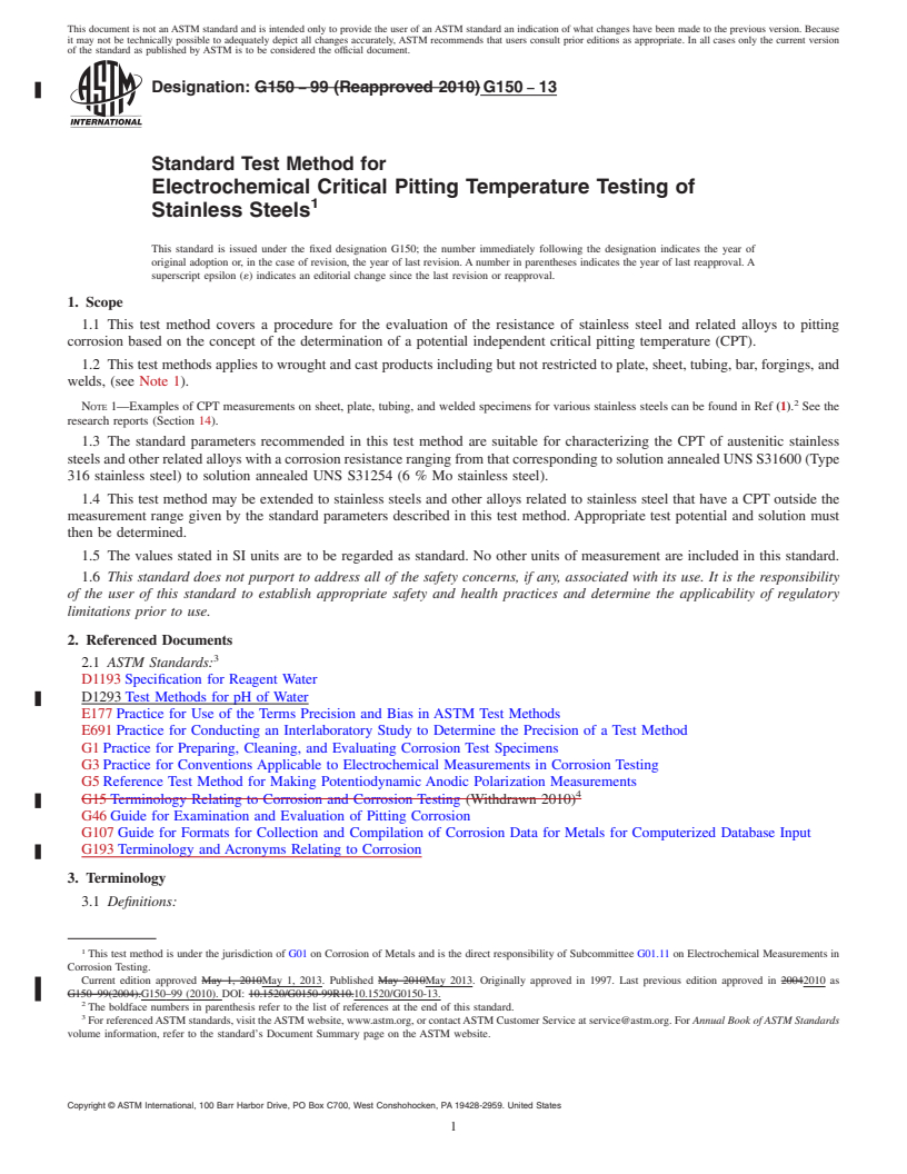 REDLINE ASTM G150-13 - Standard Test Method for  Electrochemical Critical Pitting Temperature Testing of Stainless  Steels