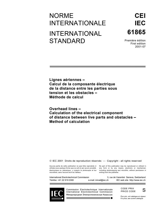 IEC 61865:2001 - Overhead lines - Calculation of the electrical component of distance between live parts and obstacles - Method of calculation
