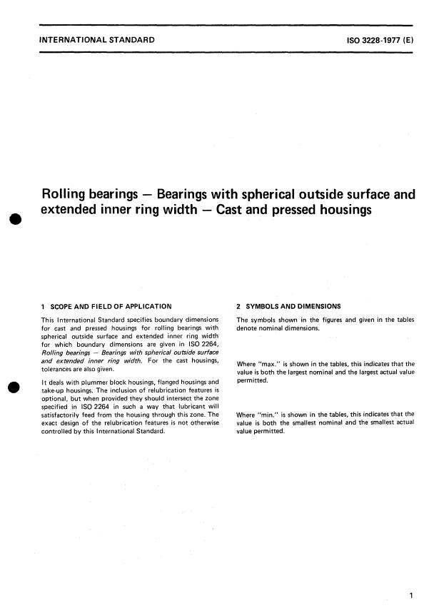 ISO 3228:1977 - Rolling bearings -- Bearings with spherical outside surface and extended inner ring width -- Cast and pressed housings