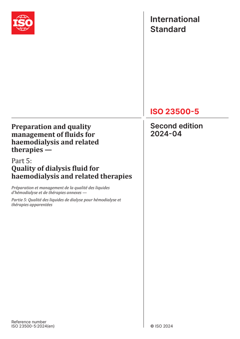 ISO 23500-5:2024 - Preparation and quality management of fluids for haemodialysis and related therapies — Part 5: Quality of dialysis fluid for haemodialysis and related therapies
Released:17. 04. 2024