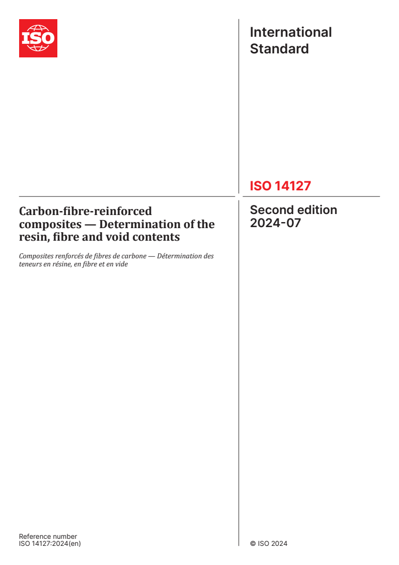 ISO 14127:2024 - Carbon-fibre-reinforced composites — Determination of the resin, fibre and void contents
Released:7/8/2024
