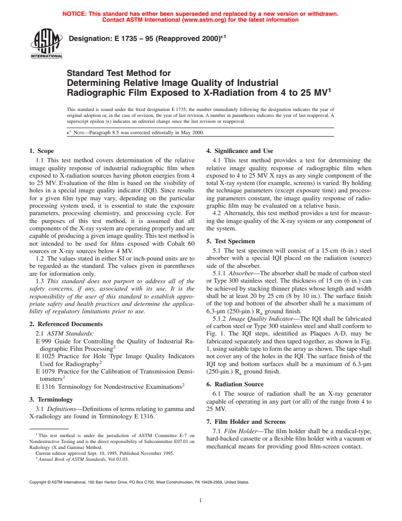 ASTM E1735-95(2000)e1 - Standard Test Method for Determining Relative Image Quality of Industrial Radiographic Film Exposed to X-Radiation from 4 to 25 MV