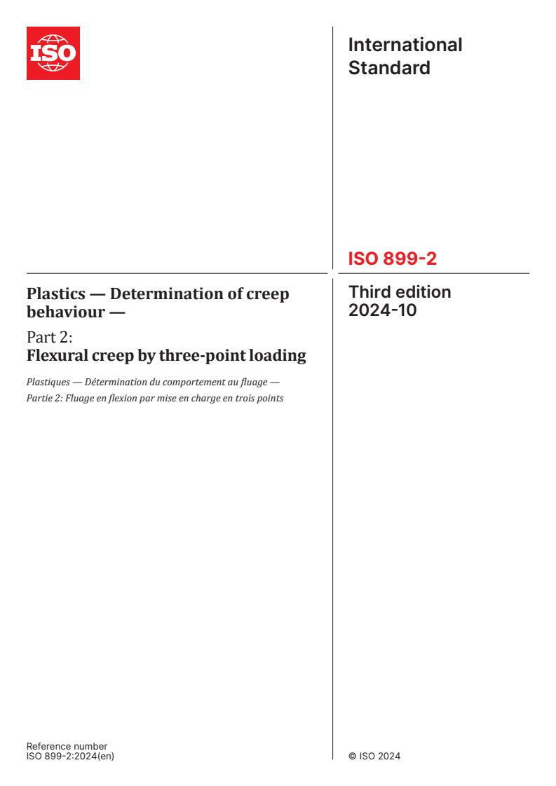 ISO 899-2:2024 - Plastics — Determination of creep behaviour — Part 2: Flexural creep by three-point loading
Released:8. 10. 2024