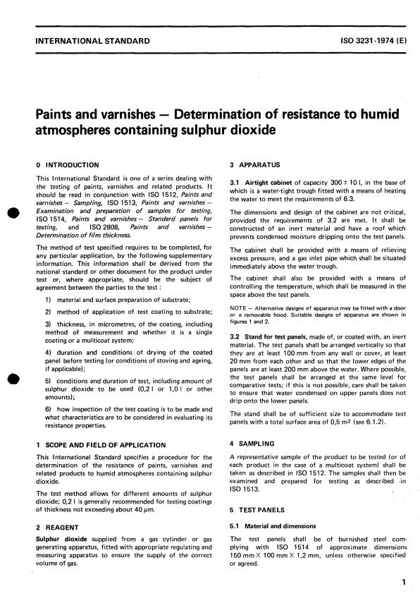 ISO 3231:1974 - Paints and varnishes -- Determination of resistance to humid atmospheres containing sulphur dioxide